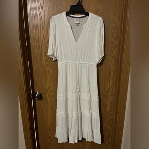 Knox Rose Women’s Ivory White Floral Embroidered Midi Dress with tie waist Small